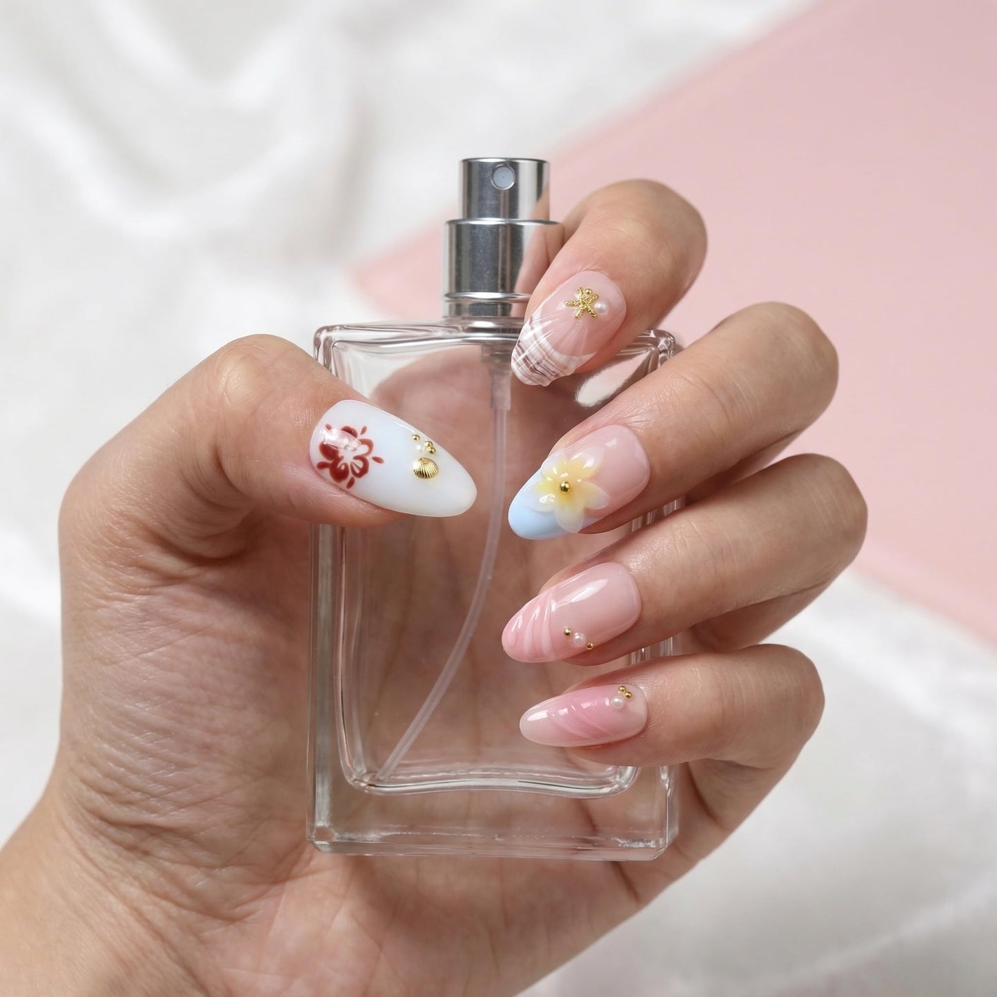 10 Pcs Short Almond Handmade Press On Nails | French Tip with Silver Starburst & Rhinestone Accents | Reusable, Easy to Apply & Remove, Salon-Quality Manicure (RR08, XS)