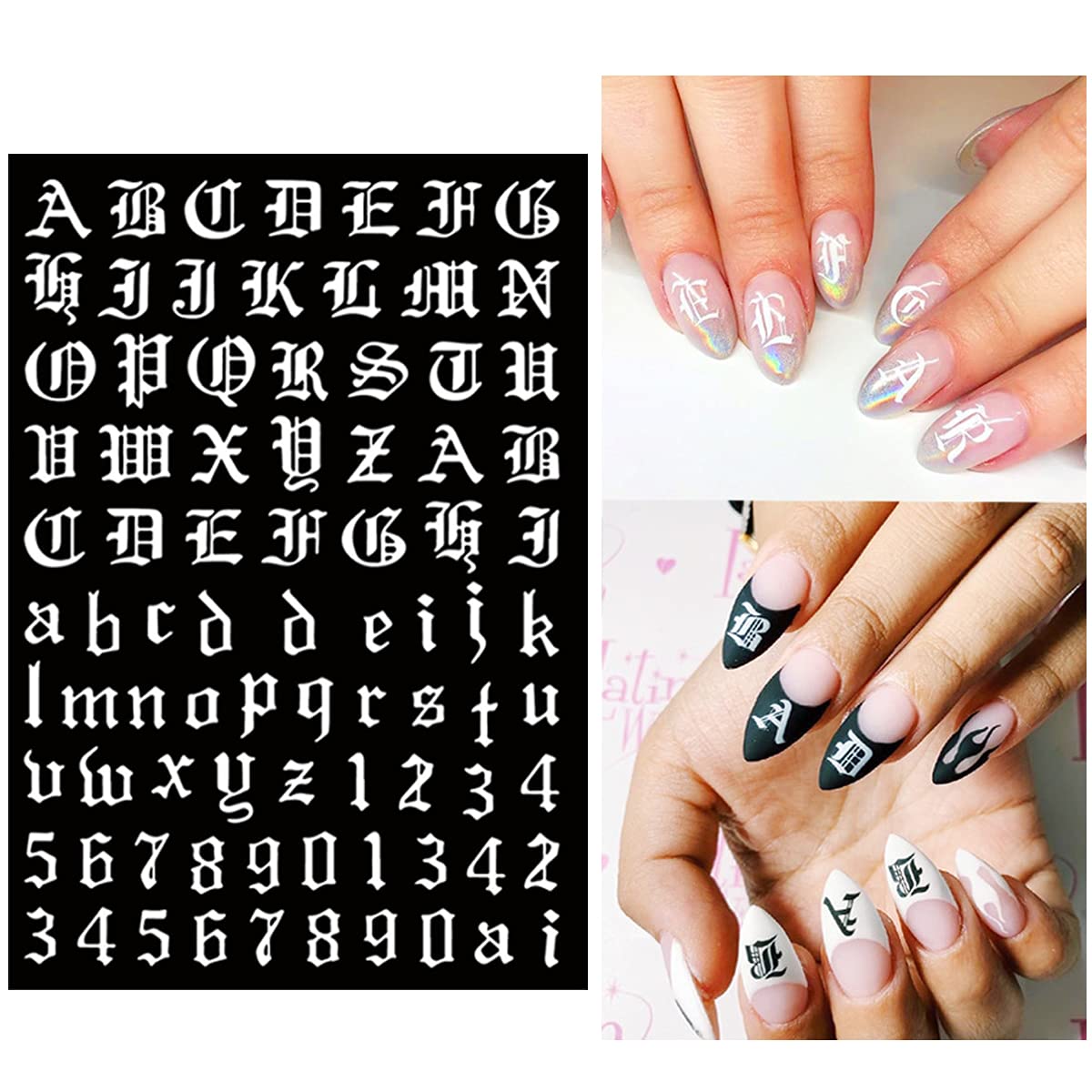 Letter Nail Art Stickers Number Nail Decals Nail Art Supplies Old English Alphabet Nail Sticker Designs Holographic English Font Letters Stickers for Acrylic Nails Decorations (8 Sheets)