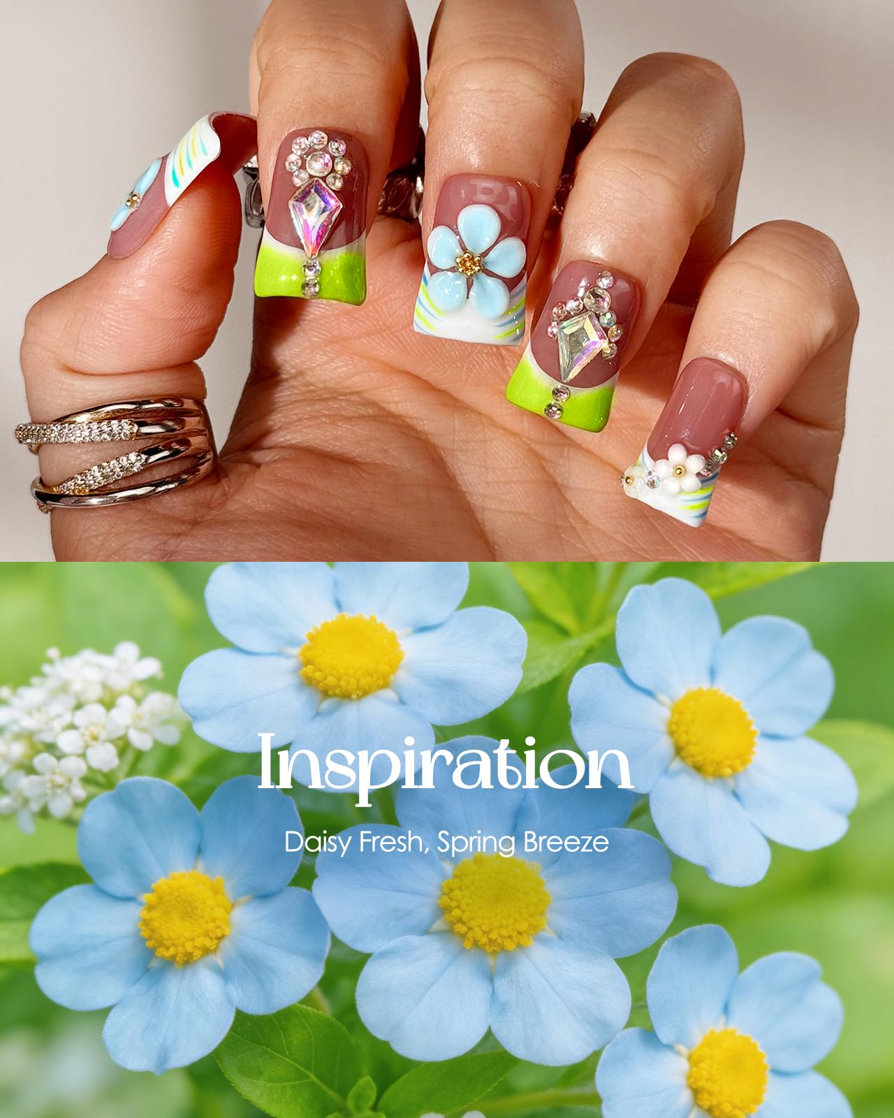 Buleens Handmade Press on Nails Acrylic Duck Nails-10pcs Short Fresh Summer Floral Crystal 3D Fake Nails Kits with Glue