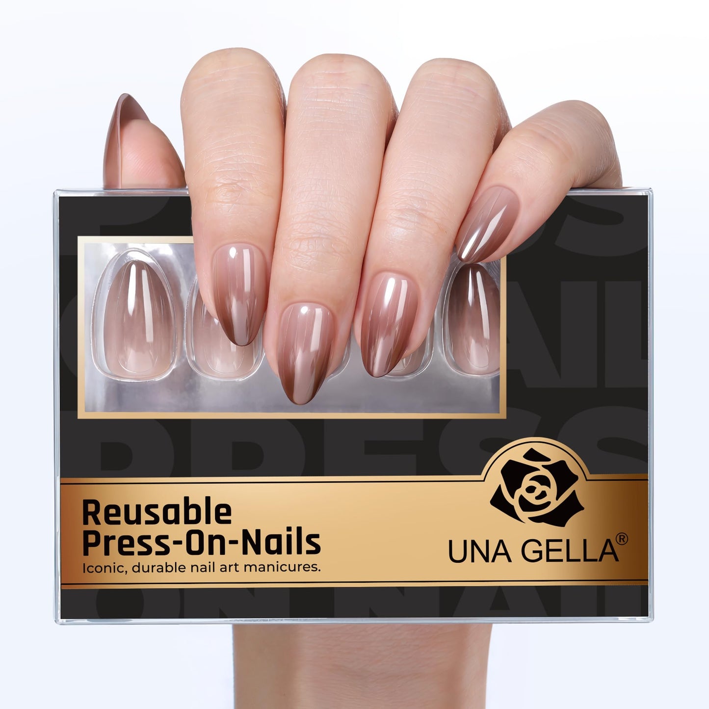 UNA GELLA 32Pcs Soft Gel Press on Nails - 16 Sizes Brown Ombre Chrome Almond Glue on Nails, Reusable Metallic Gradient Short Almond False Nails, Full Cover Acrylic Nail Kit for Women DIY Home Manicure