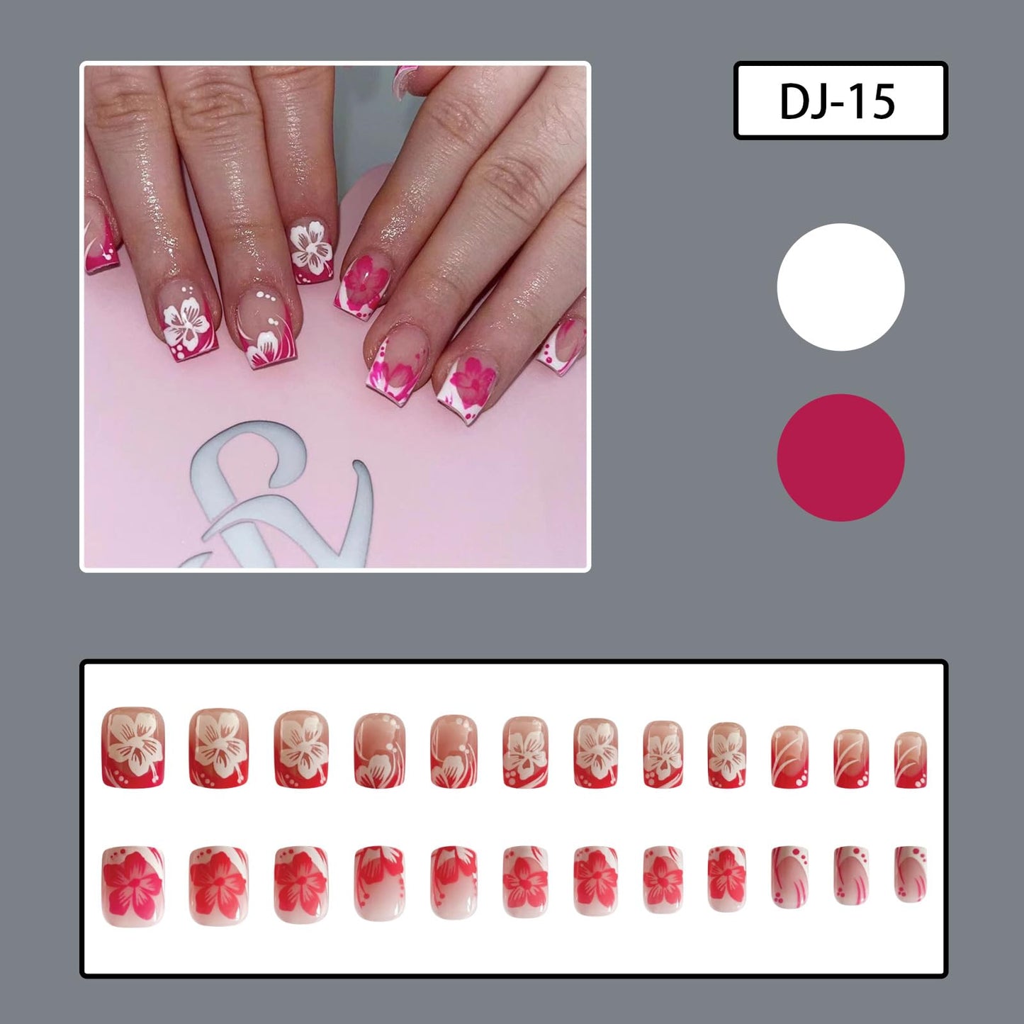 RTKHFZE Short Press on Nails French Tip Nails Press Ons Square Fake Nails with Pink and white Floral Designs False Nails Full Cover Acrylic Nail for Women and Girls 24Pcs