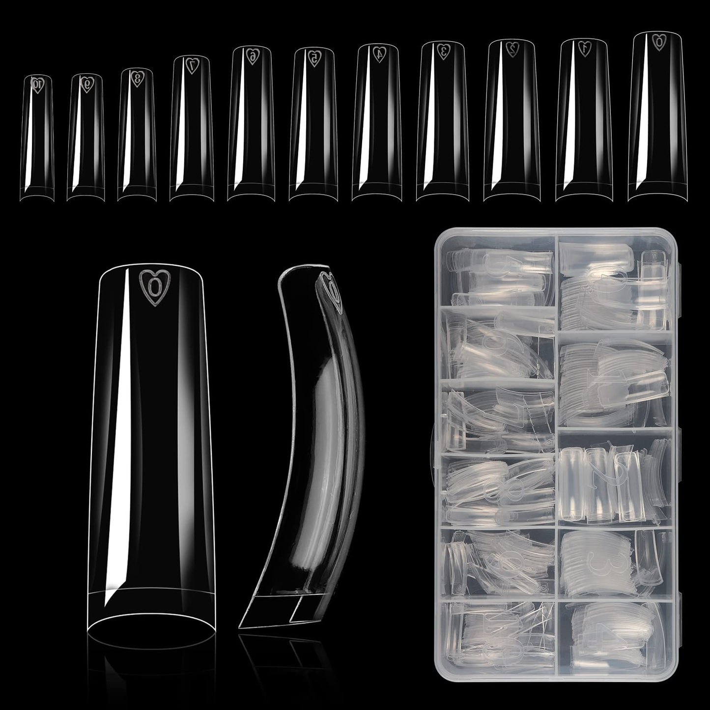 Yokilly Clear Coffin Nails Tips, 550PCS Long C Curved Nail Tips for Acrylic Nails Professional, Half Cover Square Soft Gel Fake Nail Tips for Dip Powder Nail Salons and DIY Nail Art