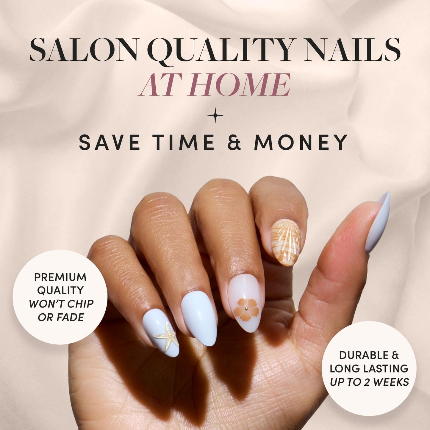 Glamnetic Press-On Nails Bundle - Sea Star & Goal Digger | Short Almond Seashell Fake Nails with 3D Nail Art | Natural Short Round False Nails with Gold Foil | Reusable, Salon-Quality Nail Kits