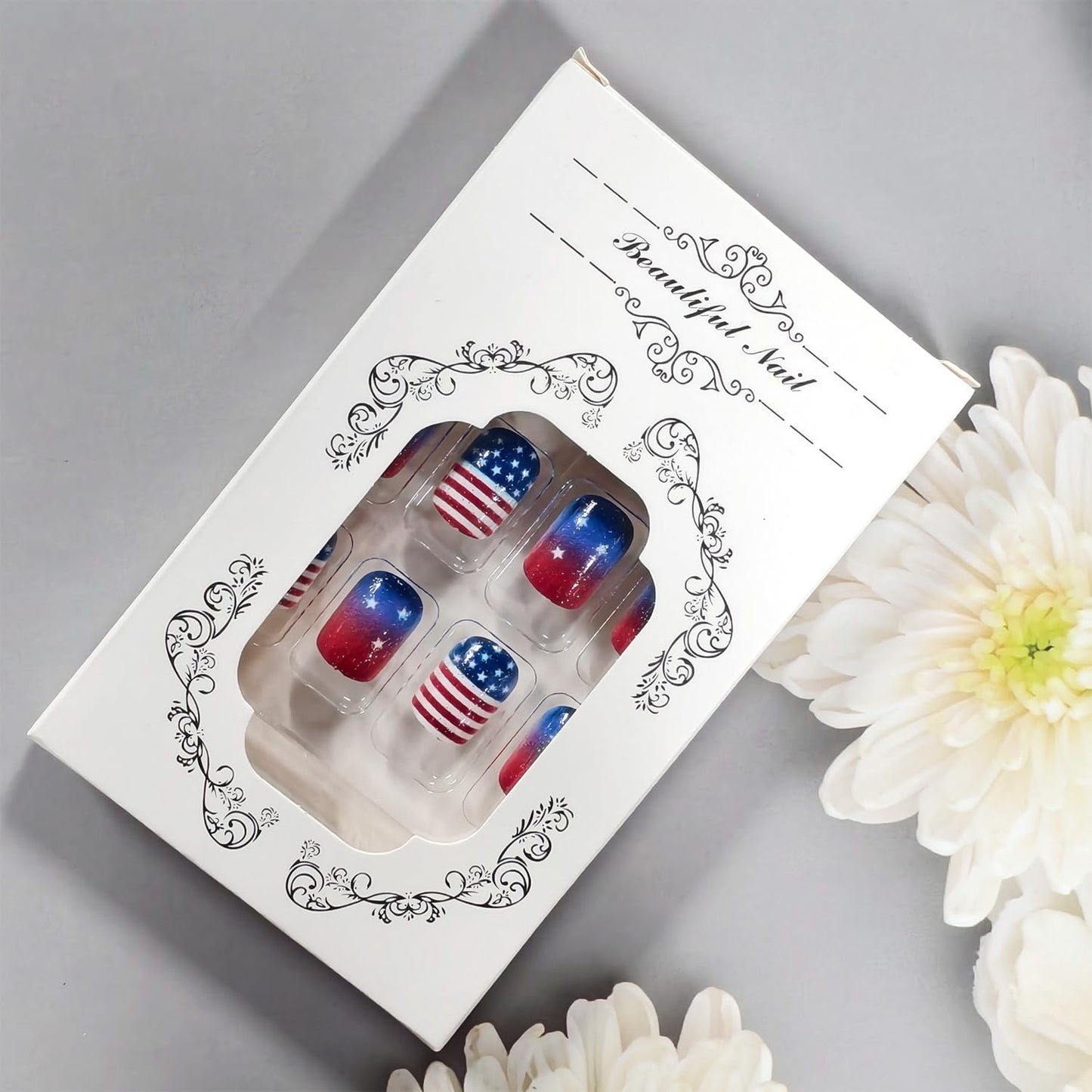 Independence Day Press on Nails Short Square Acrylic Nail Gradient American Flag with White Stars Glitter Fake Nails Patriotism 4th of July Press Ons Artificial Fingernails for Women Festival Manicure