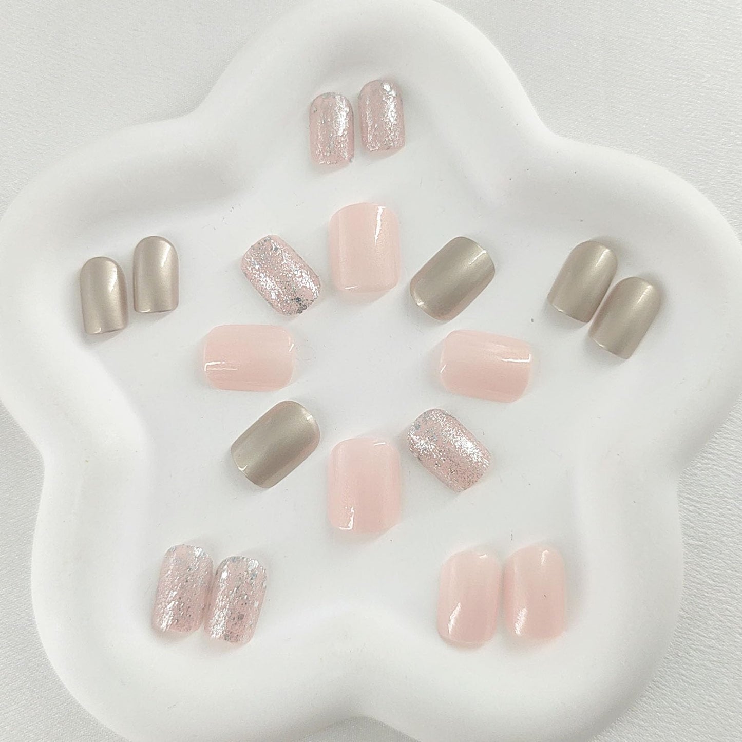 Acrylic Press on Nails Short Square Fake Nails Light Pink Nail Press ons with Silver Glitter Sequins Designs Gold Glue on Nails Glossy Manicure Style Artificial Nails 24Pcs for Girls Women