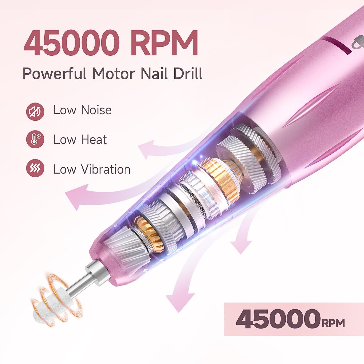 Professional Nail Drill Electric File 45000RPM, Portable Rechargeable Electric Nail File with 11 Drill Bits & 50 Sanding Bands, Low Noise Nail Drill Kit for Acrylic Gel Nails, Salon & Home Use, Pink
