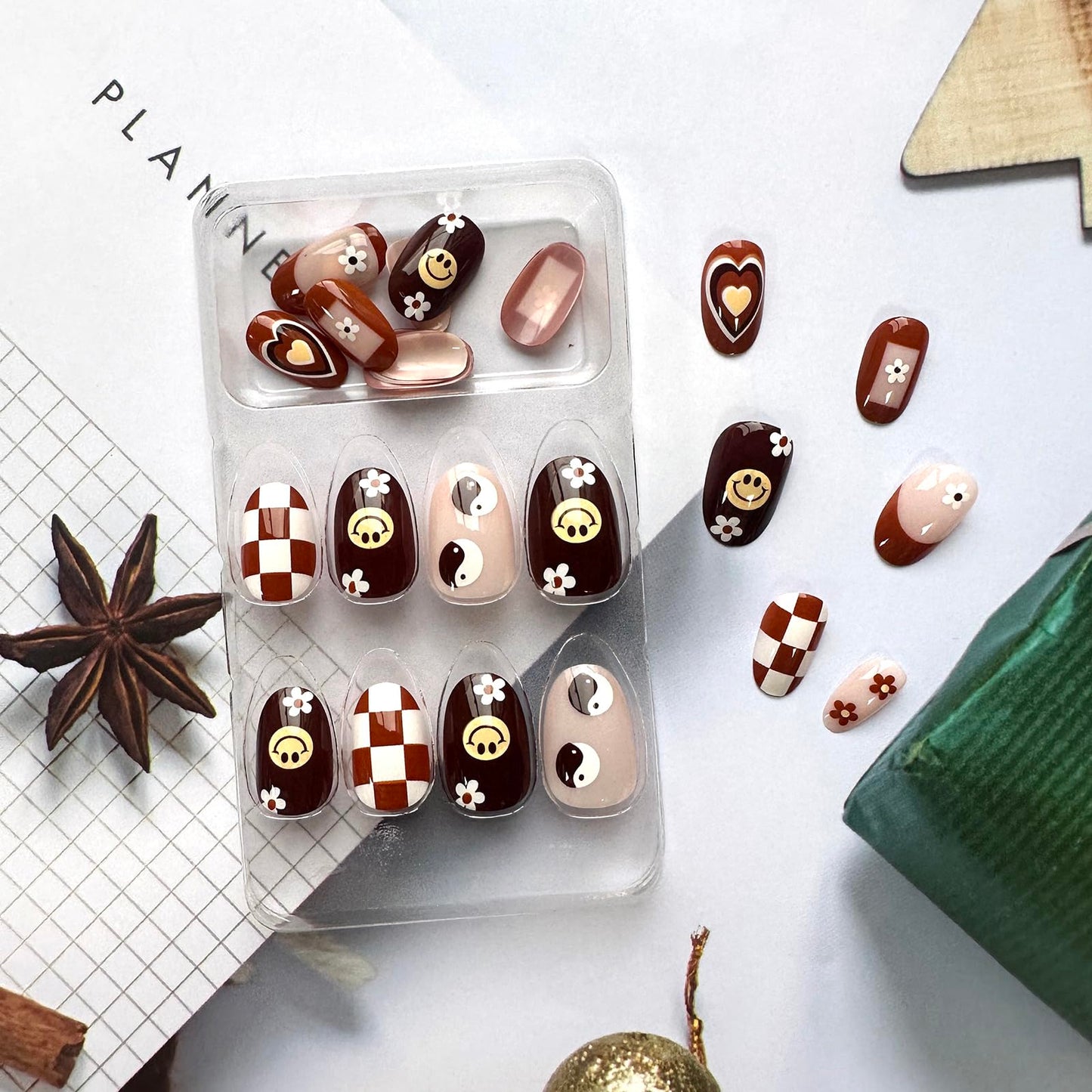 Fall Press on Nails Short Almond Fake Nails Brown French Tip False Nails with Designs Cute Flowers Hearts Acrylic Nails Full Cover Round Head Brown Glue on Nails for Women Girls Autumn Nail Art