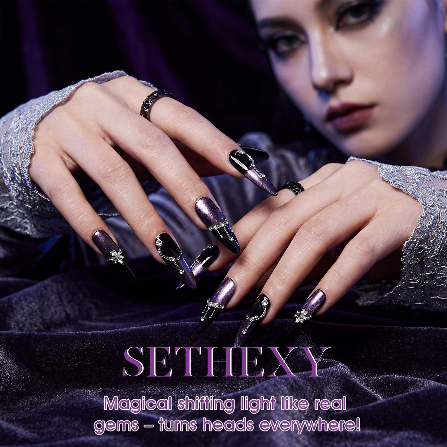 Sethexy Long Stiletto Press on nails Handmade Ombre, Gradient, Rhinstone, Salon Quality Full cover False Nail Tips 10 Pcs with Glue (Black & Purple Ombre)
