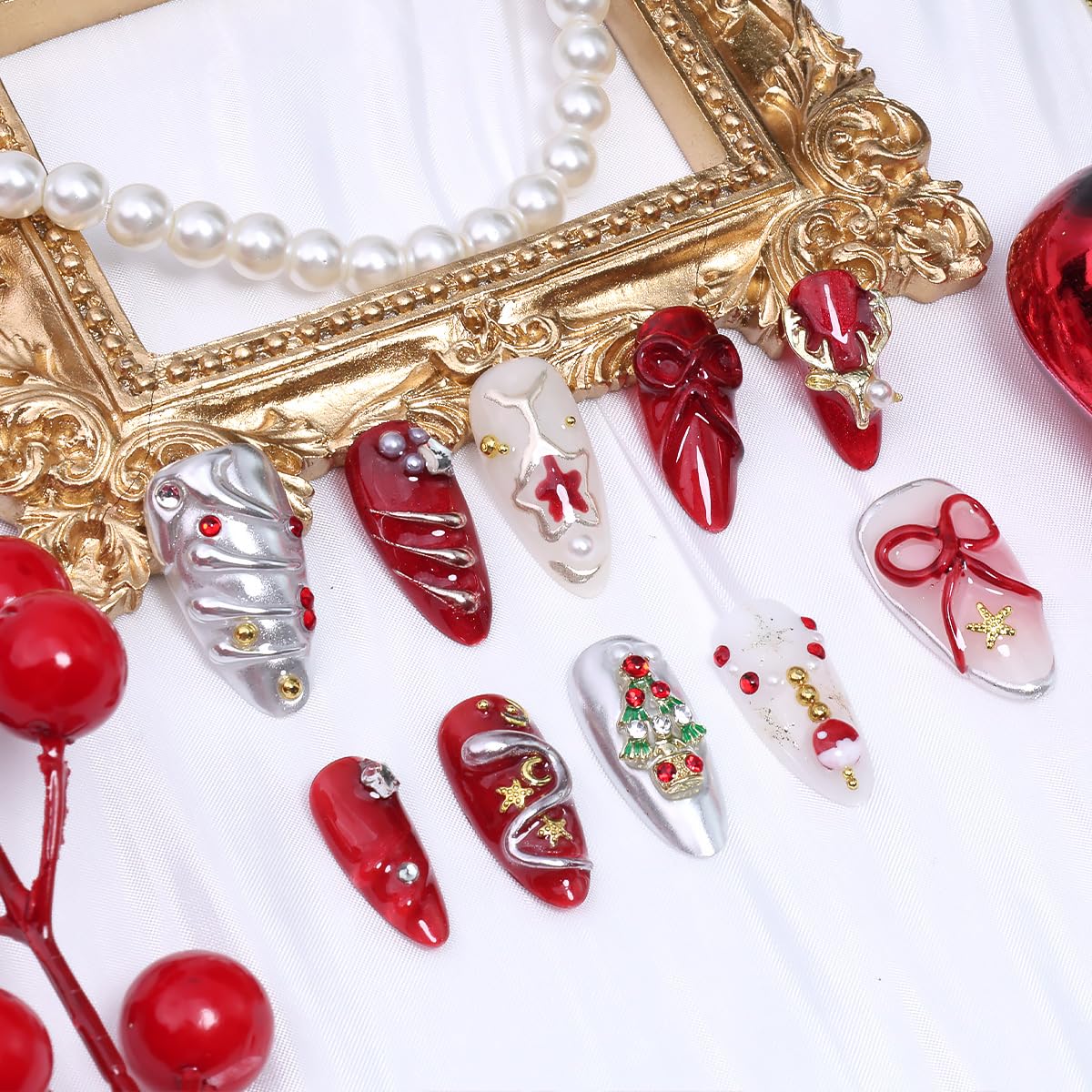 10Pcs Christmas Handmade Press on Nails Medium Almond Fake Nails Red Silver Y2k False Nails with Elk Xmas Trees Gems Design 3D Bow Star Stick on Nails Winter Glitter Full Cover Glue on Nail for Women