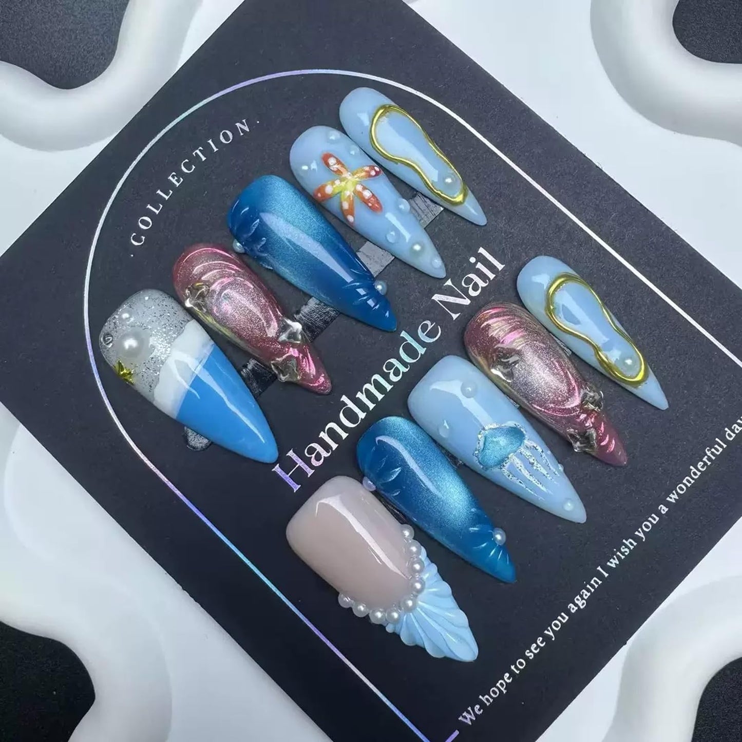 100% 5D Handmade Press on Nails with Charms Long Stiletto Nails Press ons Beach Ocean False Nails Ombre Blue Press on Nails Summer Fake Nails for Women Girls Daily Wear DIY Manicure Size L