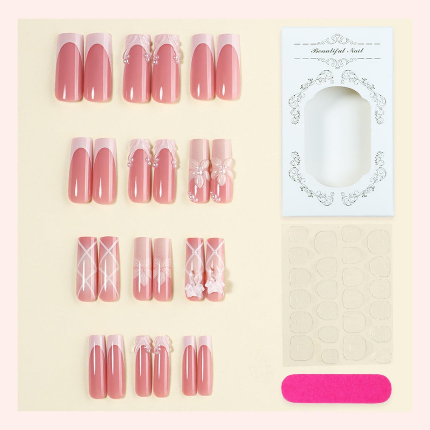 octoswave Press on Nails Medium Square Fake Nails White French Artificial Nail with 3D Flowers and Bow Stick on Nail for Women 24pcs