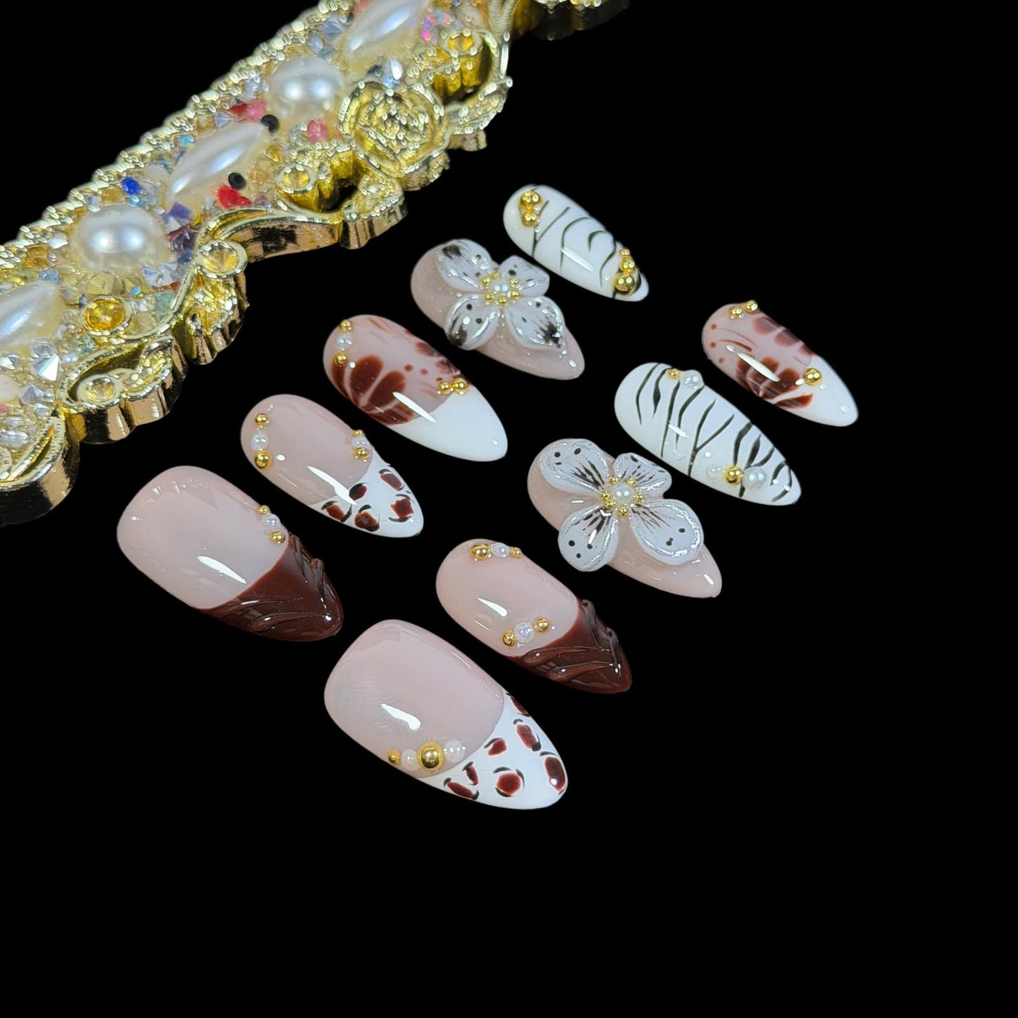 Press on Nails Medium Almond, 3D Floral & Leopard Zebra Print French Tip, Handcrafted Gel Stick On Reusable False Nails Wild Mocha (M)