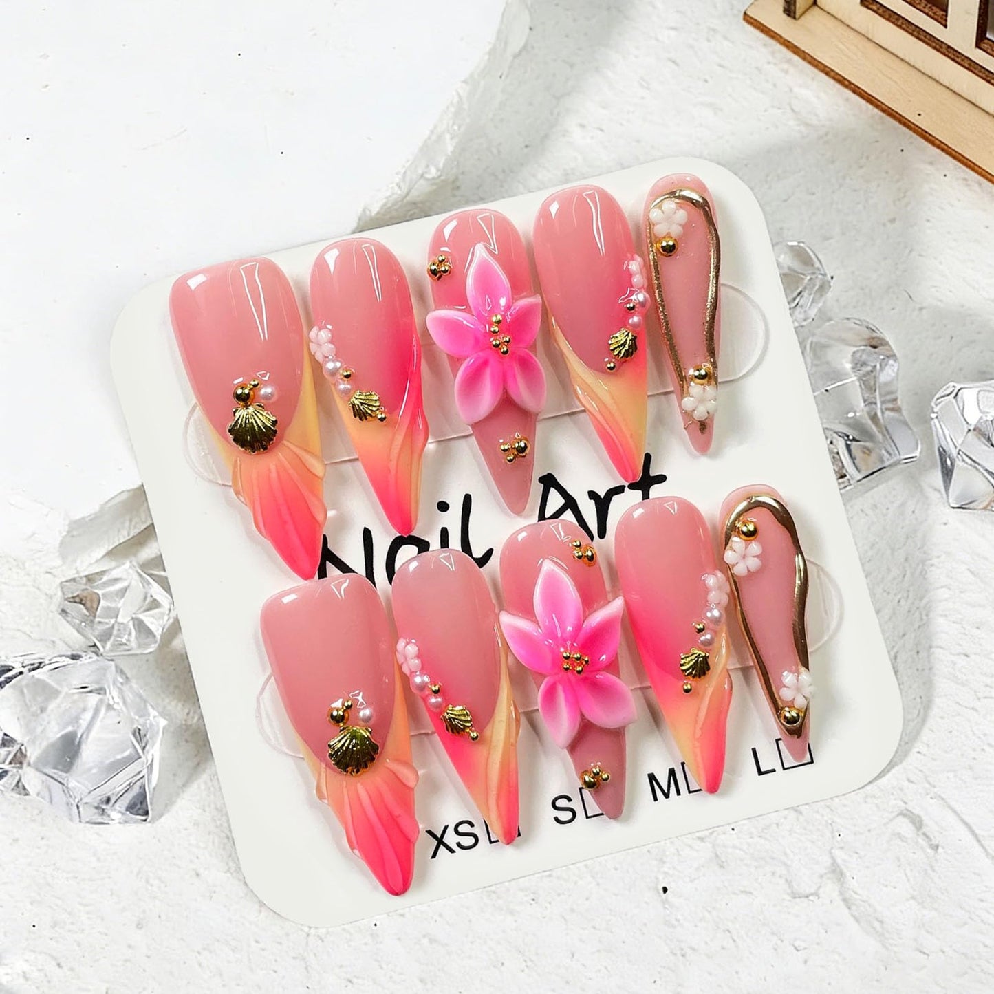 10 Pcs Handmade Press on Nails Long Stilettos Fake Nails with 3D Flowers French Tip Design Pink Acrylic False Nails Stiletto Press Ons Nails for Women Wedding Manicure - M Size