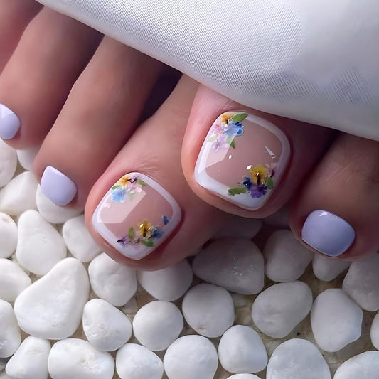 24Pcs Purple Press on Toenails Short Square Fake Toe Nails with Colorful Flower Designs Summer Toenail Press ons Full Cover Cute Acrylic False Toenails Reusable Glue on Toe Nails for Women