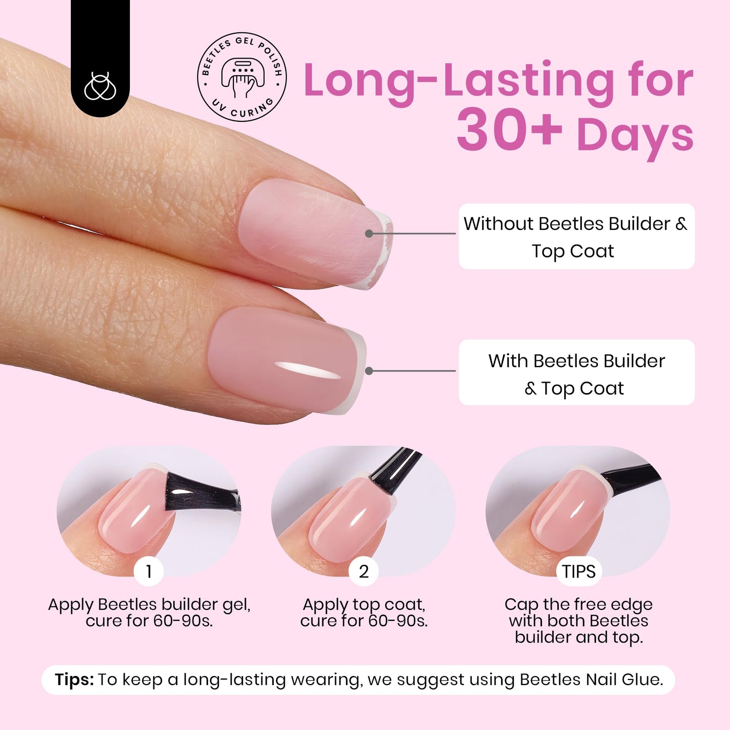 Beetles Short Square French Tip Press on Nails, 224Pcs French Tip Press on Nails Pink Short Square Shape Nail Tips, No Need to File Fake Nails for Nail Art DIY Gifts for Women