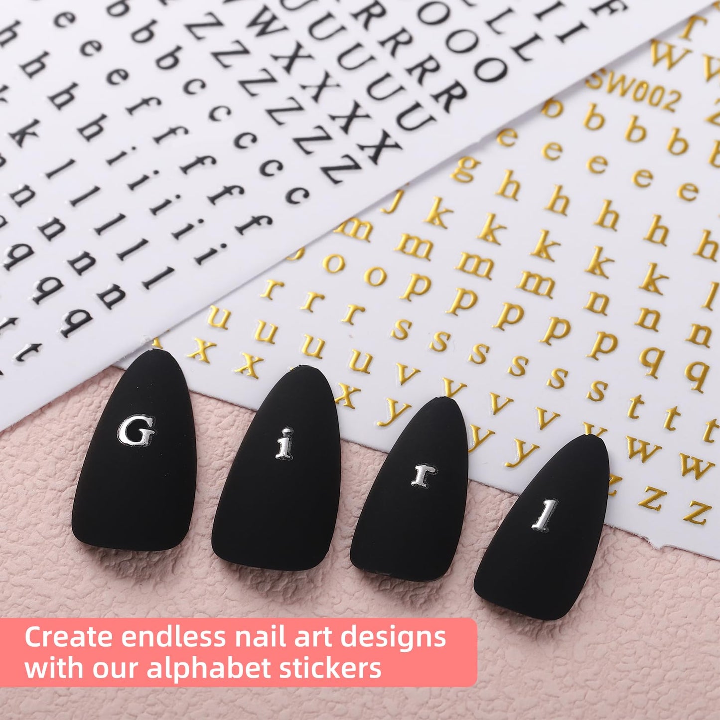 ROFIBUT Letters Nail Art Stickers English Alphabet Nail Decals 3D Self-Adhesive Metallic Gold Silver Nail Sticker Black Alphabet Nail Art Supplies for Women Girls DIY Nail Decoration Manicure 8 Sheets