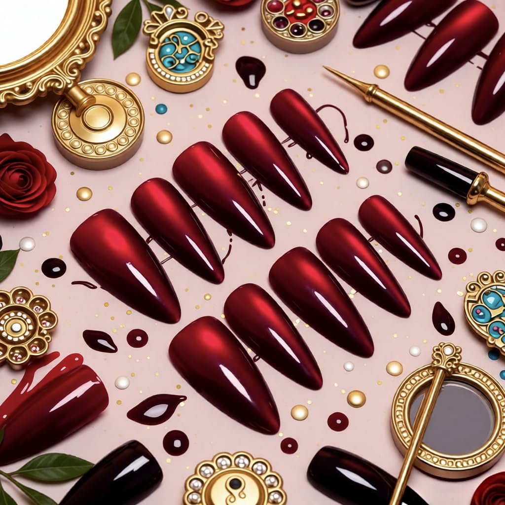 LTXHZYYL Red Cat Eye Press on Nails, 24 Pcs Dark Red Medium Almond Fake Nails Kit, Reusable Christmas Artificial Acrylic Nails for Women Girls Holiday Party Gifts