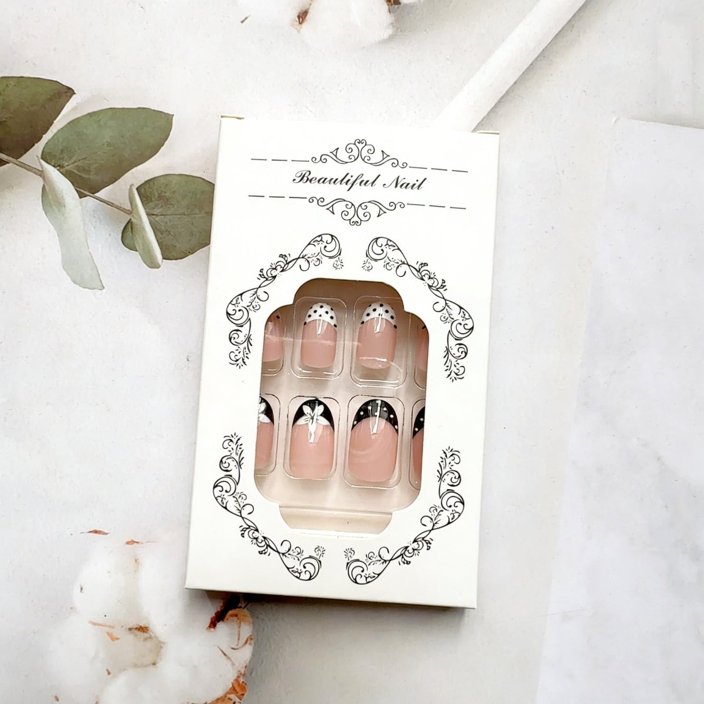 French Tip Press on Nails Short Almond Fake Nails with Flower Designs Spring Floral Full Cover Glue on Nails Polka Dot Flowers False Nails Black White Glossy Acrylic Stick on Nails for Women Manicure