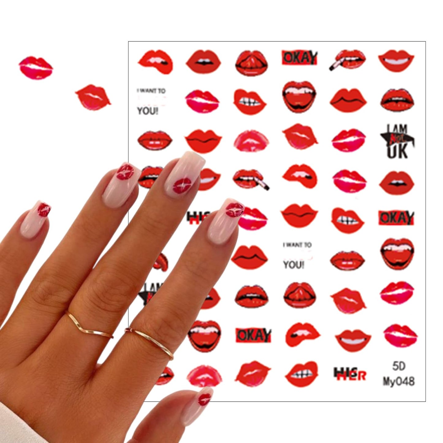 3 Sheets Embossed Valentine's Day Lips Nail Art Stickers 5D Self-Adhesive Sexy Red Lips Nail Decals Suitable for Women's Nail Art Decoration