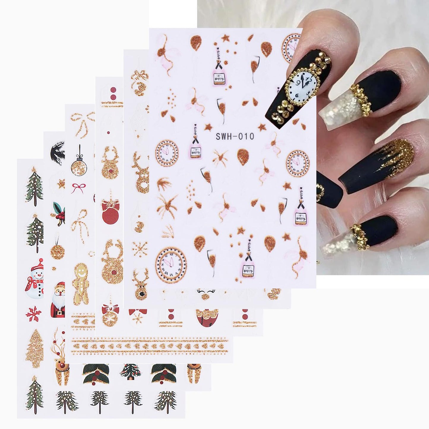 Christmas Nail Stickers Gold Clock Nail Art Stickers Self Adhesive Elk Snowflake Nail Decals Winter Xmas Bow Gingerbread Man Nail Art Supplies Christmas Tree Nail Design for Women 6 Sheets