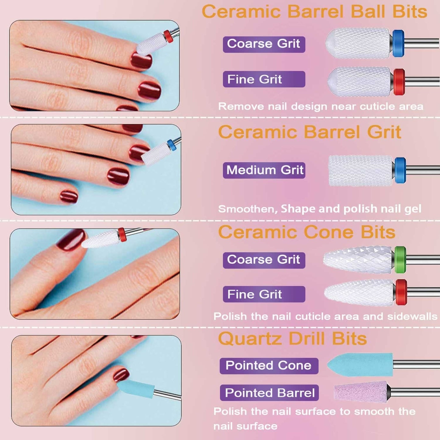 Nail Drill Bits Set, 3/32" Ceramic Tungsten Carbide Diamond Drill Kit,30Pcs Safety Professional Rotary Burrs Polish Nail File Bit for Acrylic Poly Nails Gel Cuticle Remover Electric Manicure Pedicure