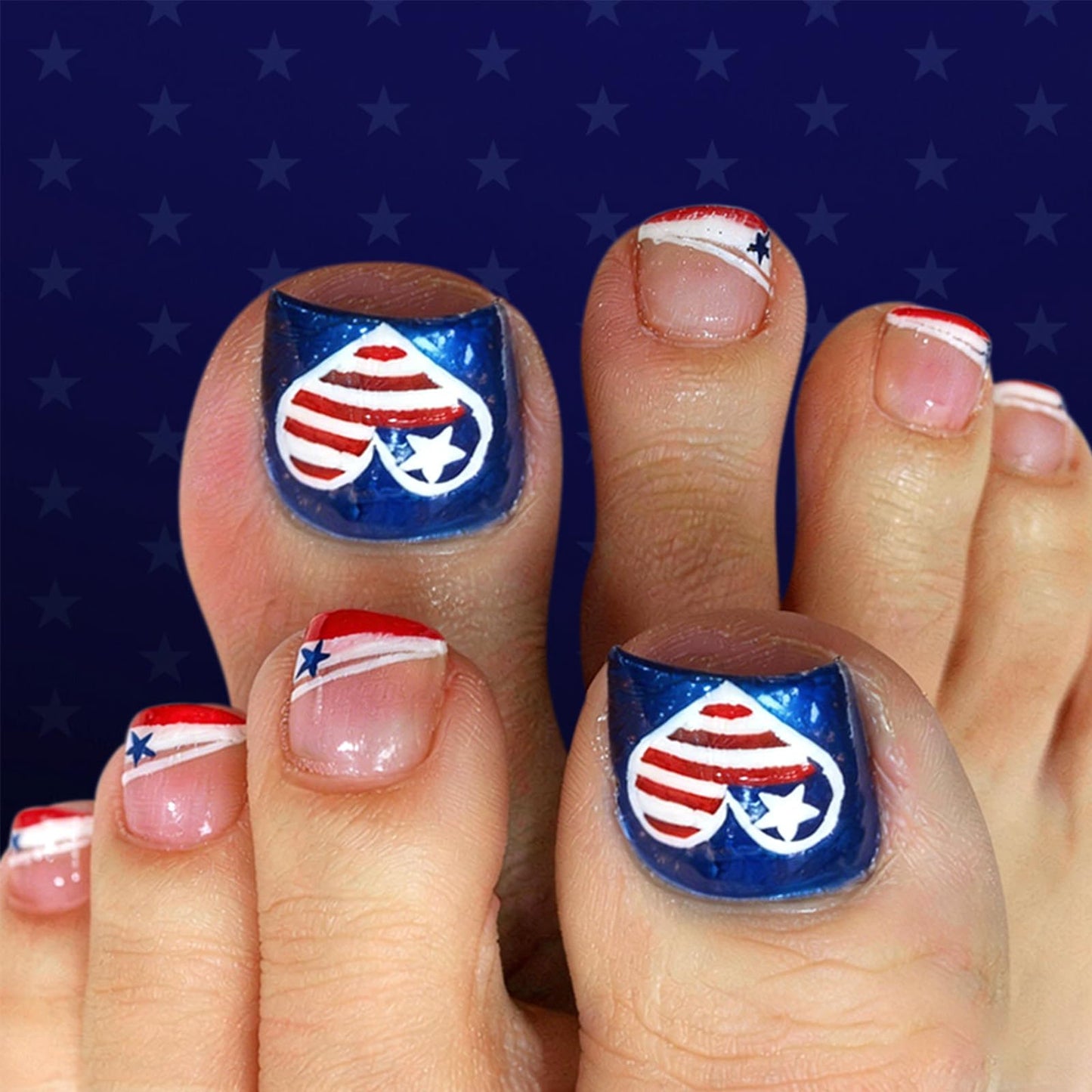 4th of July Press on Toenails Short Square Fake Toe Nails Star French Tip Glossy False Toenails Independence Day Heart Flag Toe Nail Press ons Acrylic Stick on Nails for Women 24Pcs