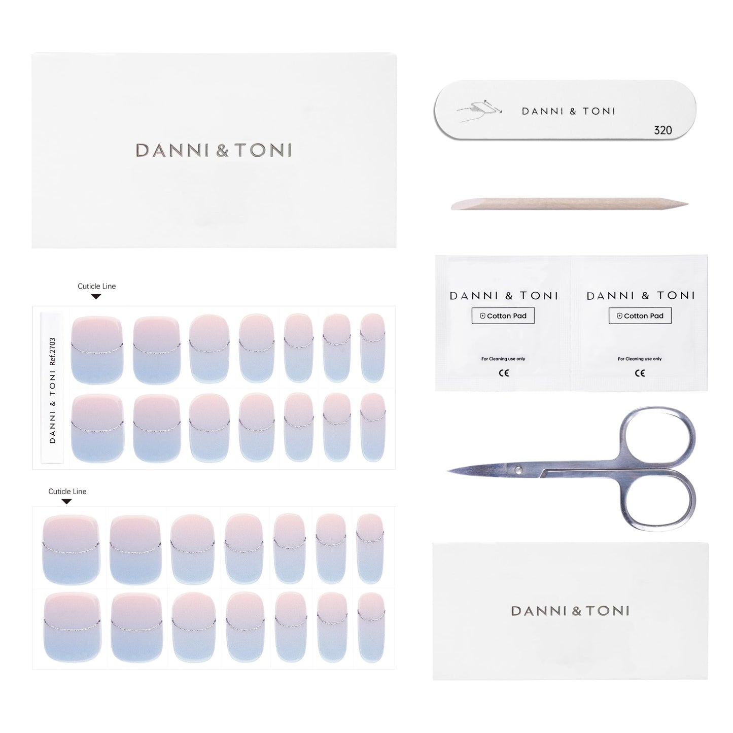 DANNI & TONI Semi Cured Gel Nail Strips Blue-Pink Ombre (Lunar Haze) French Gel Nail Wraps 28 Stickers Gift for Woman