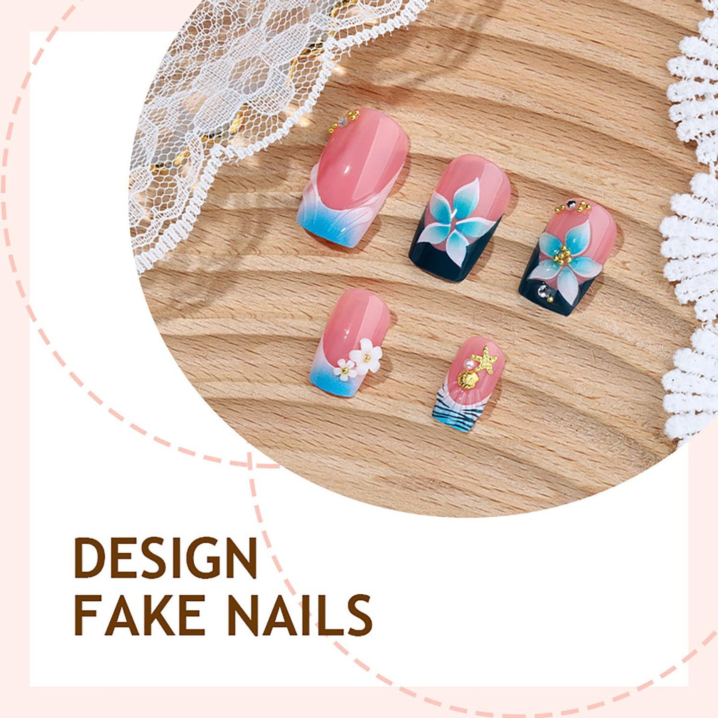 FIEONCIY Press on Nails Square Short Length Glossy Full Cover Acrylic Short Square Shaped False Nails with French Designs Artificial Fake Nails Glue Stick ons Fingernails for Women Girls(W2450)