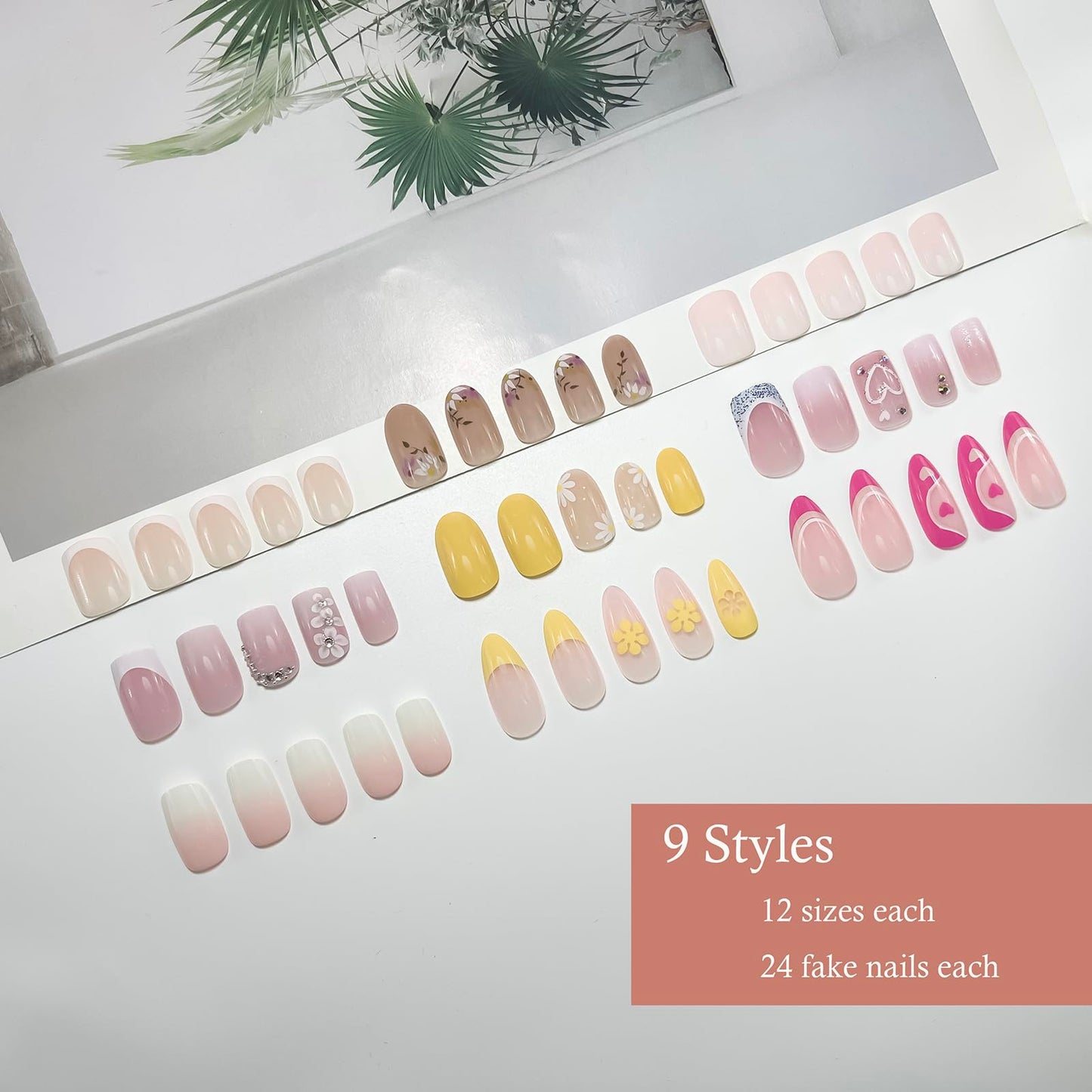 Jsiallye 9 Packs Press on Nails Short, 216Pcs Pink Gradient Press on Nails Square, Glue on Nails for Girl Nail Art, 12 Size of Fake Nails - 9 Styles Nail Kits