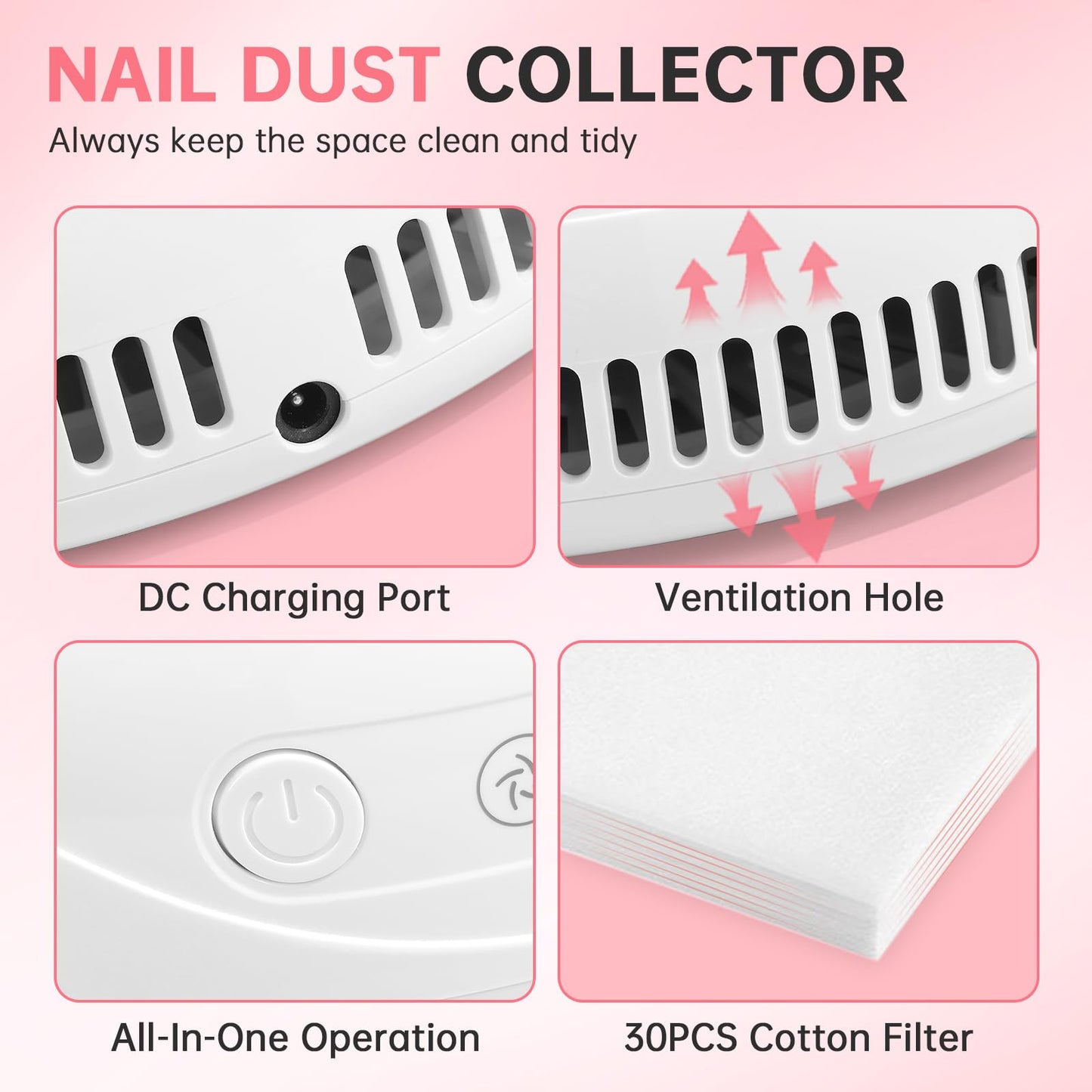 CHRISTINE SHELLY Nail Dust Collector, Rechargeable Dust Collector Nail Tech, Powerful Vacuum Fan Vent Dust Collector Extractor Dust Suction Machine for Acrylic Nails Polishing, Nail Salon&Home
