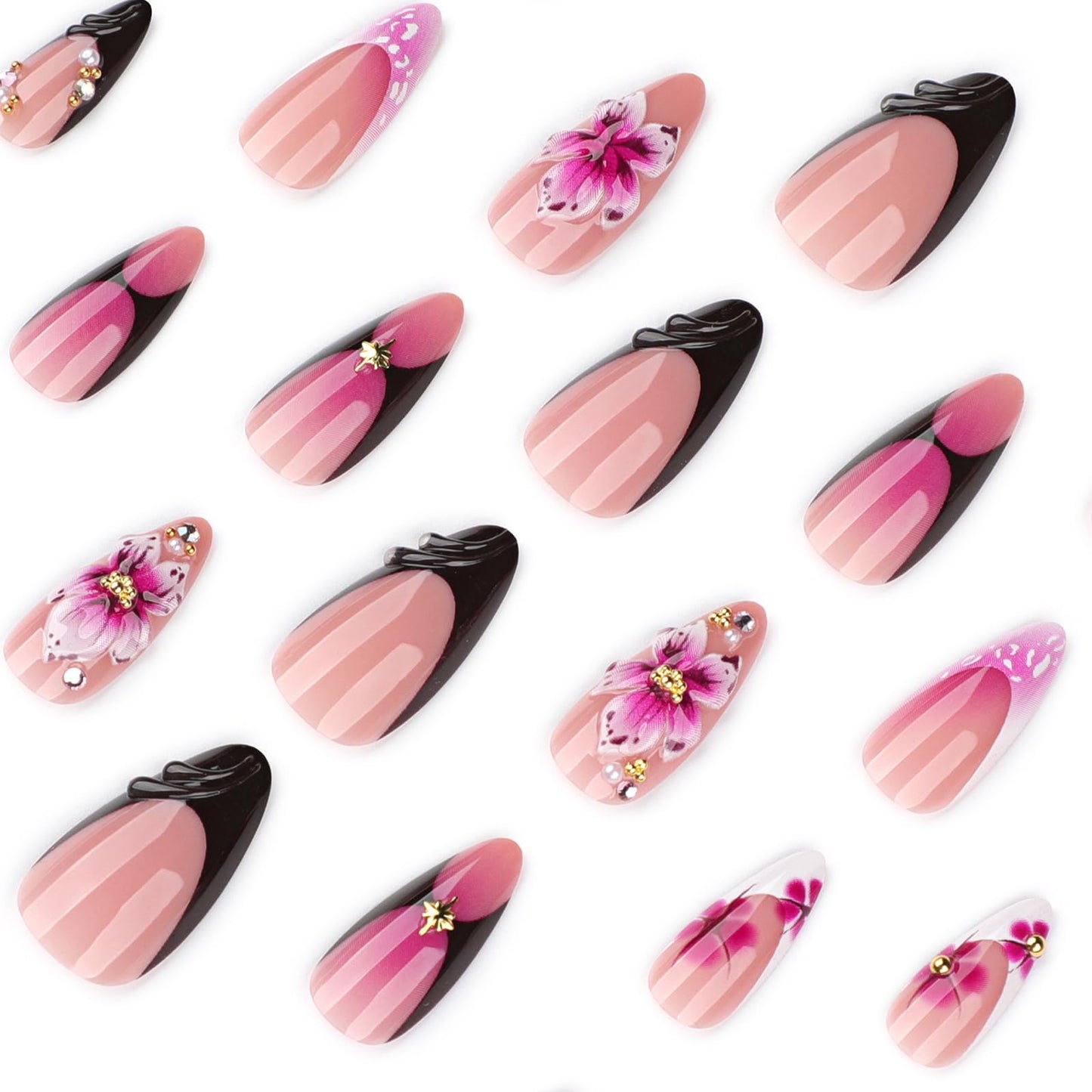 24Pcs French Tip Press on Nails Almond Fake Nails with Floral Gold Bead Pearl Design Handmade Acrylic Nails Press ons Reusable False Nail Spring Summer Flower Stick on Nails for Women Flower Nail Art