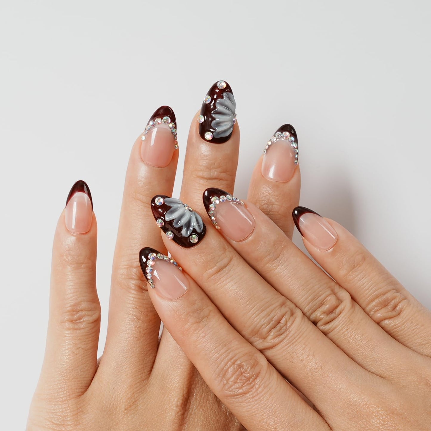 Tesytto Short Almond Press on Nails, Nude Pink Dark Burgundy Ombre Fake Nails with 3D Floral & AB Rhinestone, Handmade Salon Quality Reusable False Nails for Women (Burgundy Bloom Gem,S)