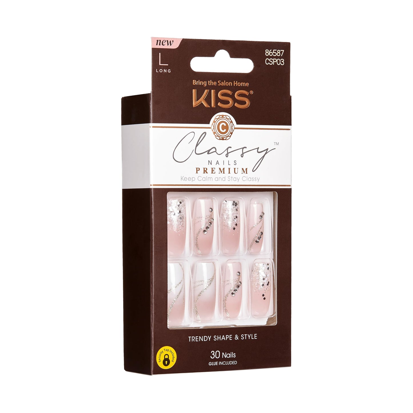 KISS Classy Premium Press On Nails, 'Stunning!', French, Long Length, Square Shape, Includes 30 Fake Nails, 2g Pink Gel Nail Glue, 1 Manicure Stick, 1 Mini File (Pack of 2)