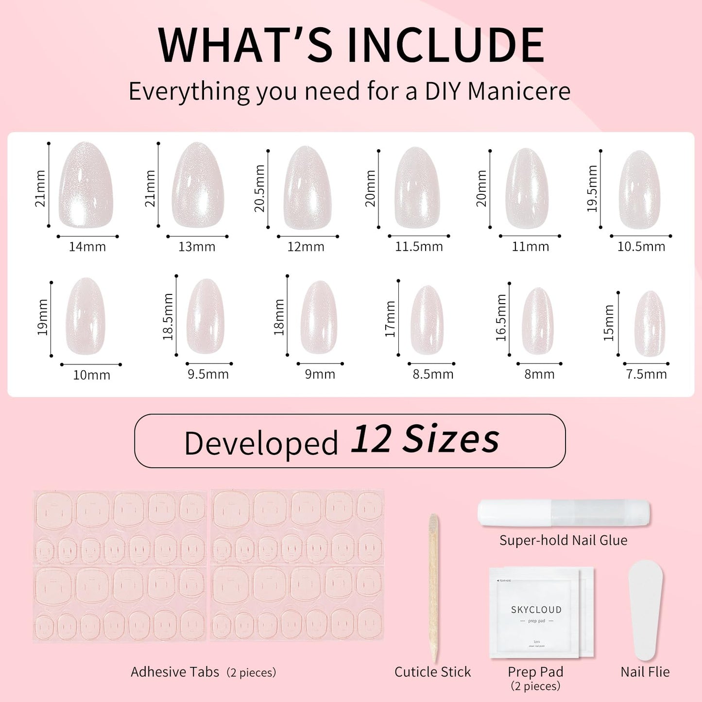Almond Cat Eyes Press On Nails,12 Sizes - 24 Pcs Soft Gel White Medium Fake Nails Kit with Nail Glue, Natural Reusable Stick On False Nails for Women and Girls (Skycloud Moon White) SK0752