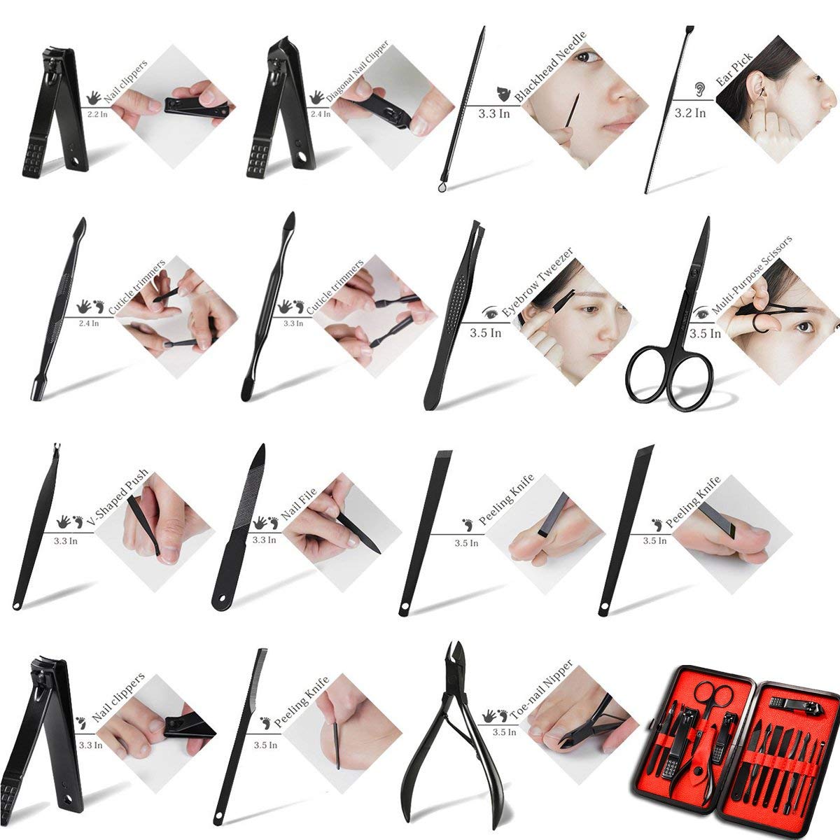 Keiby Citom Professional Stainless Steel Nail Clipper Travel & Grooming Kit Nail Tools Manicure & Pedicure Set of 15pcs with Luxurious Case (Black/Red)