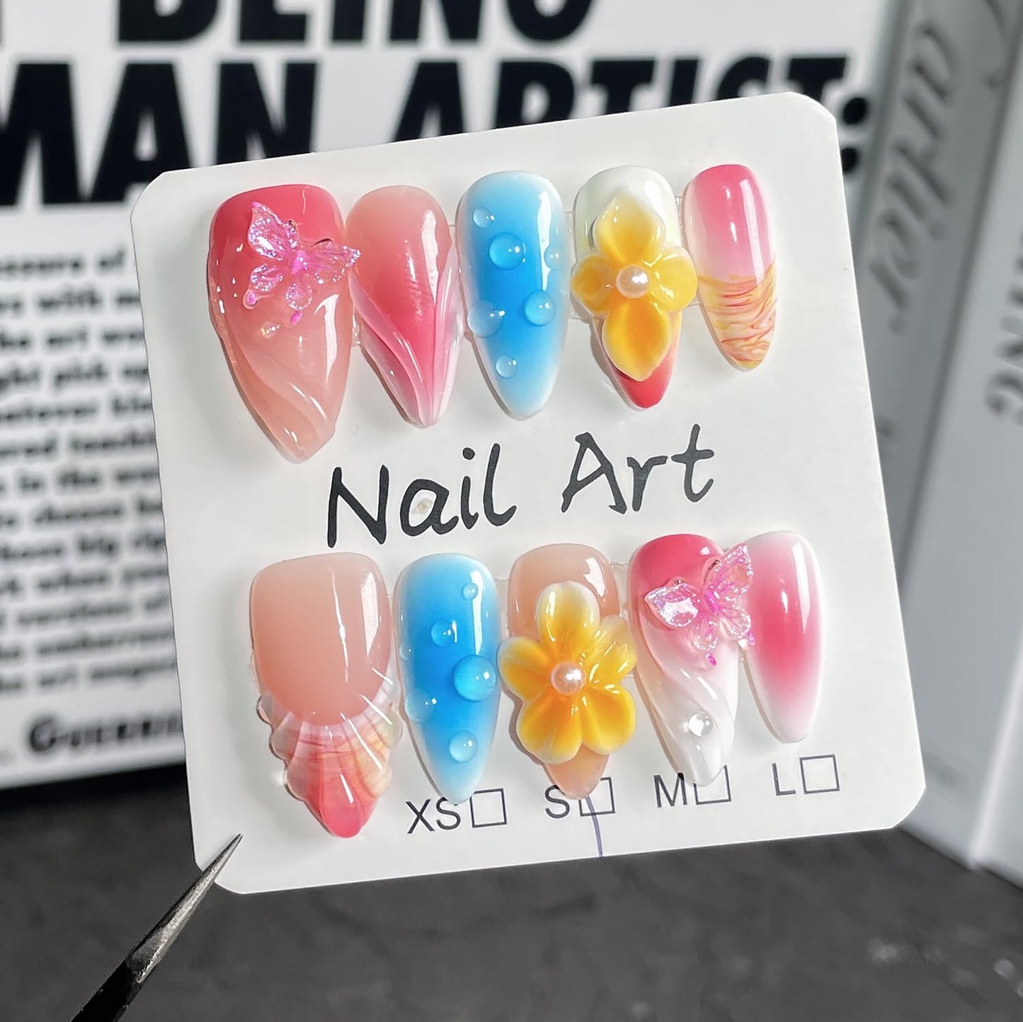 Luxury Press on Nails Medium Almond Handmade 3D Unique Reusable ABS Material Fake Nails Pink&Blue False Nails with Designs Butterfly Yellow Flower Art Petal Glossy Glue on Thick Acrylic Nails(M)