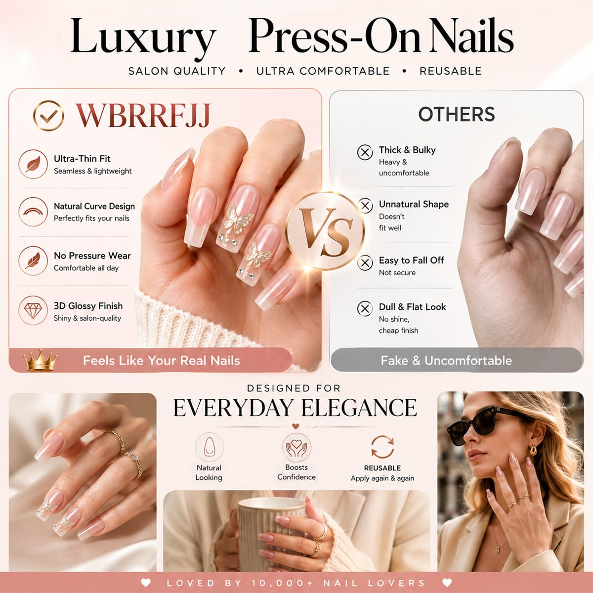 24Pcs Pink Flower Press on Nails Medium Almond French Tip Fake Nails with 3D Gold Gems Design Starfish Pearl False Nails Nude Full Cover Artificial Glue on Nails Handmade Stick on Nails for Women DIY