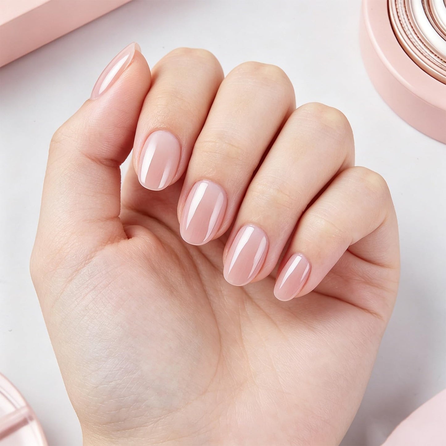 Press on Nails With Chrome Design, Glossy Nude Pink Fake Nail, Short Oval False Nails Mirror Glue on Nail, Natural Stick on Reusable Acrylic Fingernails for Women Daily Wear