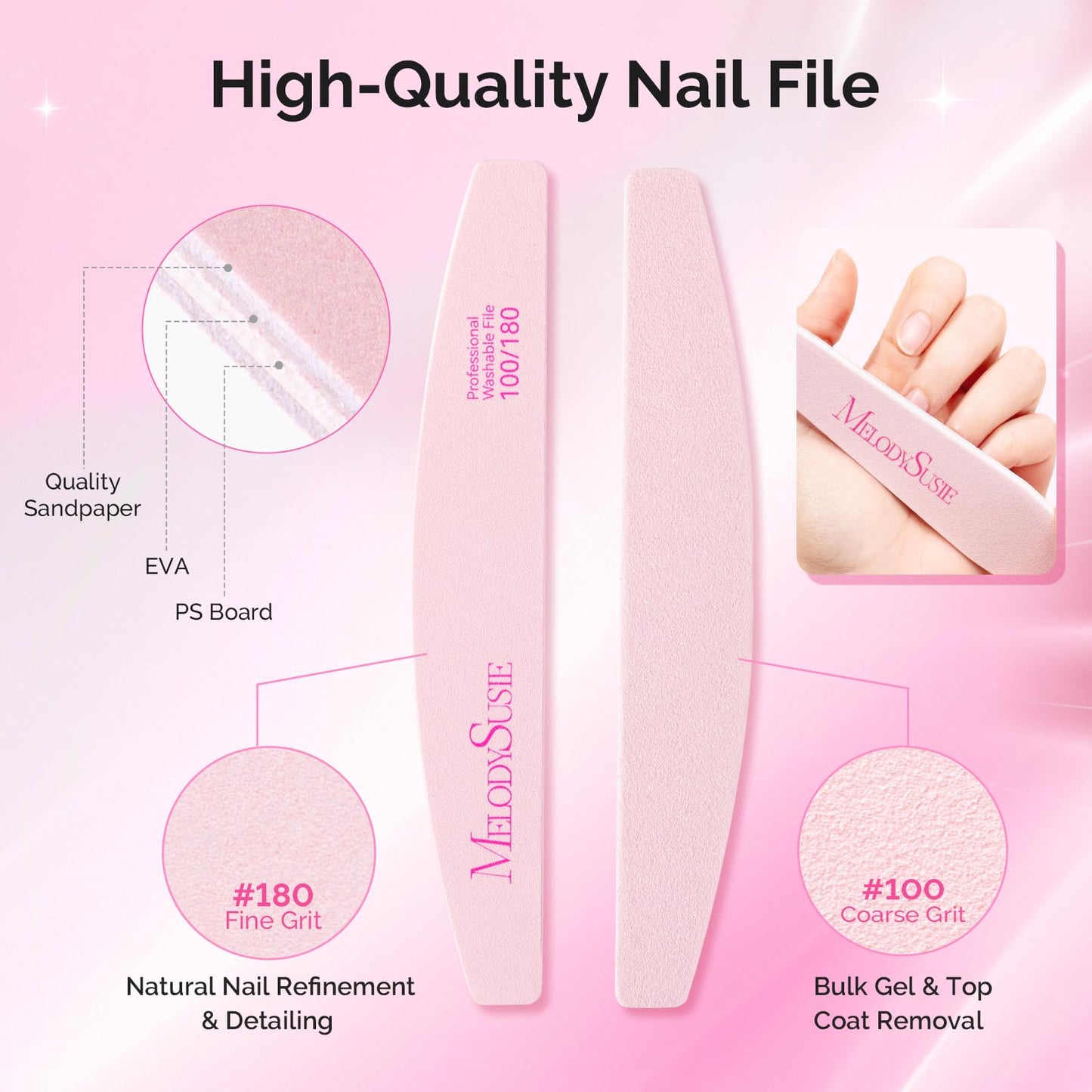 MelodySusie Nail File Kit, 10Pcs Double Sided 100/180 Grit Mixed-Shapee Emery Boards for Nails, Professional Manicure Pedicure Supplies for Home and Salon Use, Mothers Day Gifts, Pink