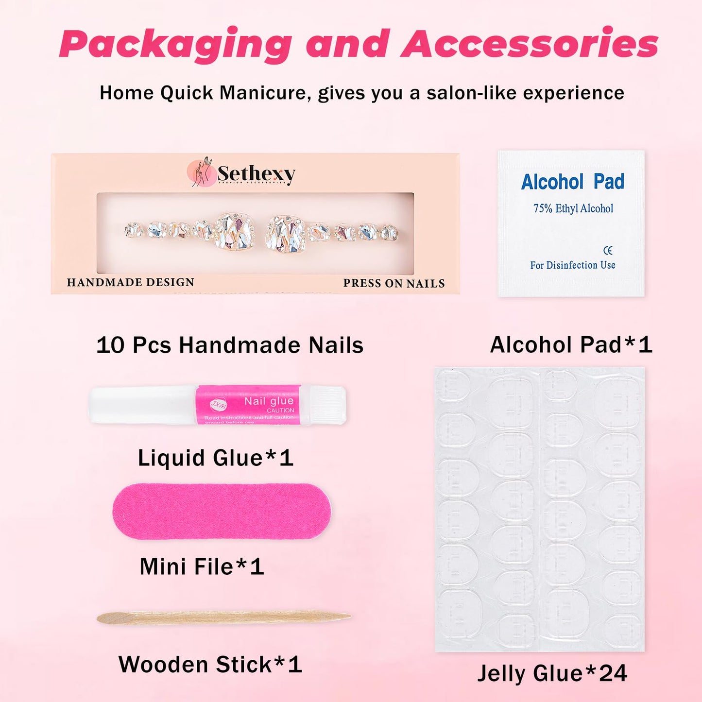 Sethexy Short False Toenails Silver Bling Rhinestone Wedding Full Cover Press On Toenails Luxury Crystal Fake Toe Nails Acrylic Stick On Foot Nails for Women and Girls 10Pcs (8, L)