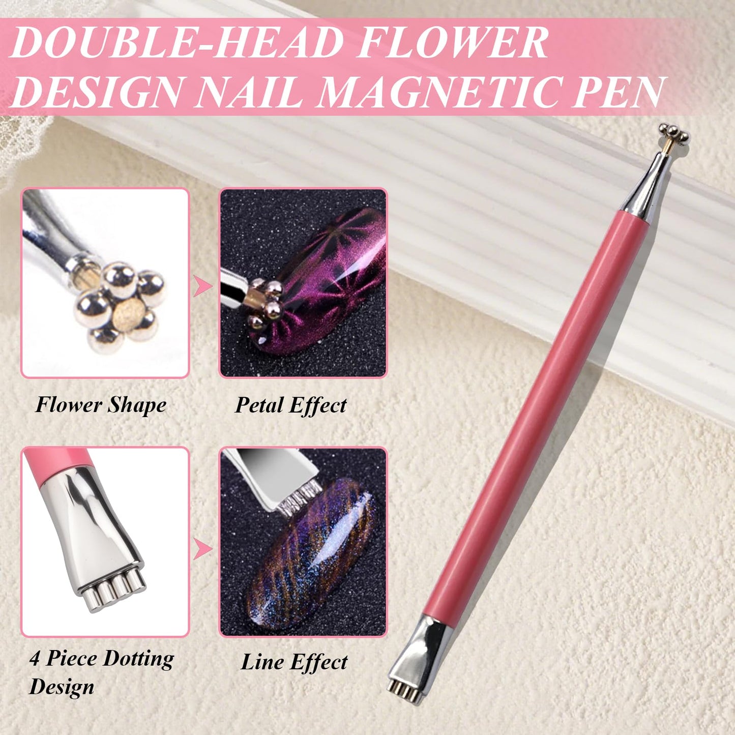 Plman 3 in 1 Heart Magnet for Cat Eye Gel Polish, Double-Head Flower Design Nail Magnetic Pen, Multifunctional Cat Eye Magnet for Nail, Cat Eye Nail Magnet with Nail Magnet Guides (Heart Set-Pink)