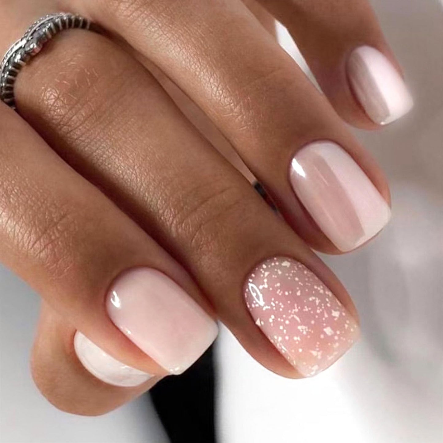Square Press on Nails Short Clear Light Pink Glitter Fake Nails Fashion Design Acrylic Gel Fake Nails Kit Nude Pink Nails Press ons Natural Fit Nail Art Kit 24 Pcs