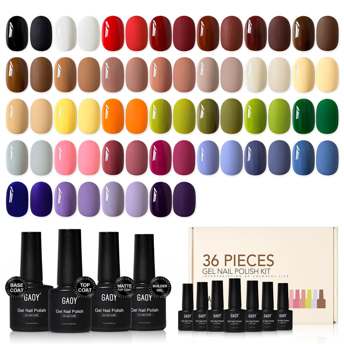 GAOY 36 Pcs Gel Nail Polish Set, 32 Colors All Season Gel Polish Kit Red Black White Pink Blue with 4 Pcs Soak off Base Glossy Matte Top Coat & Builder for Nail Art DIY Manicure at Home