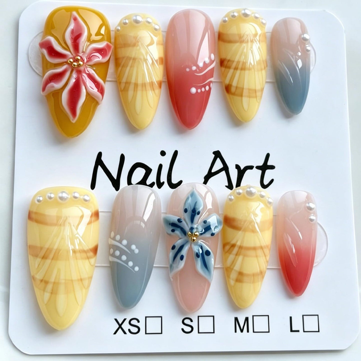 Threelegscat Yellow Handmade 10PCS Press on Nails, Medium Almond Fake Nails with 3D Flower Pearl, Reusable Gift for Women Daily Wear, Party, M Size