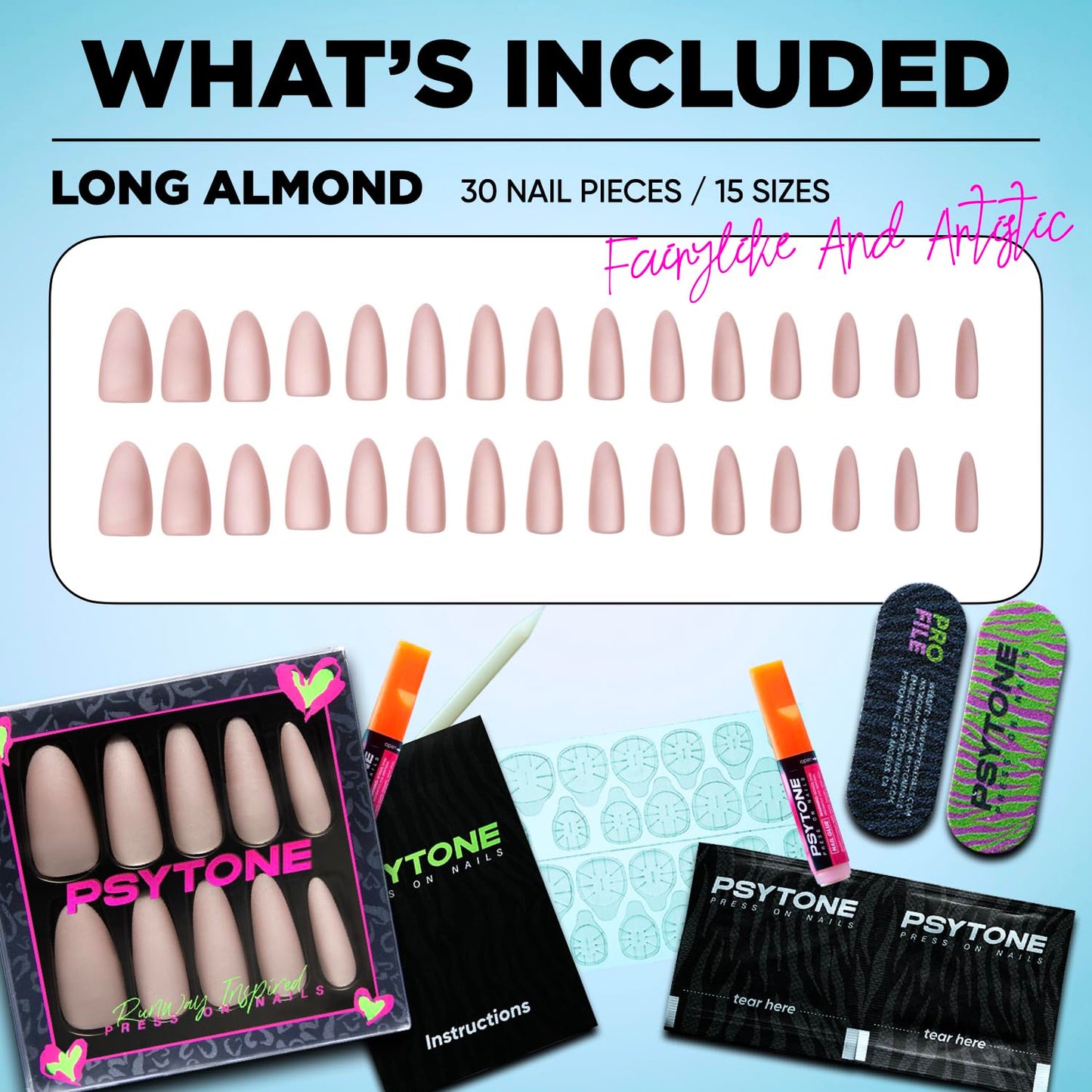 PSYTONE Matte Cat Eye Long Stiletto Press On Nails|15 Sizes - 30 Nail, Frosted Nude Pink Reusable Fake Nails Kit with Glue & Tools, Velvet Matt Finish for Women, Wedding, Daily Wear