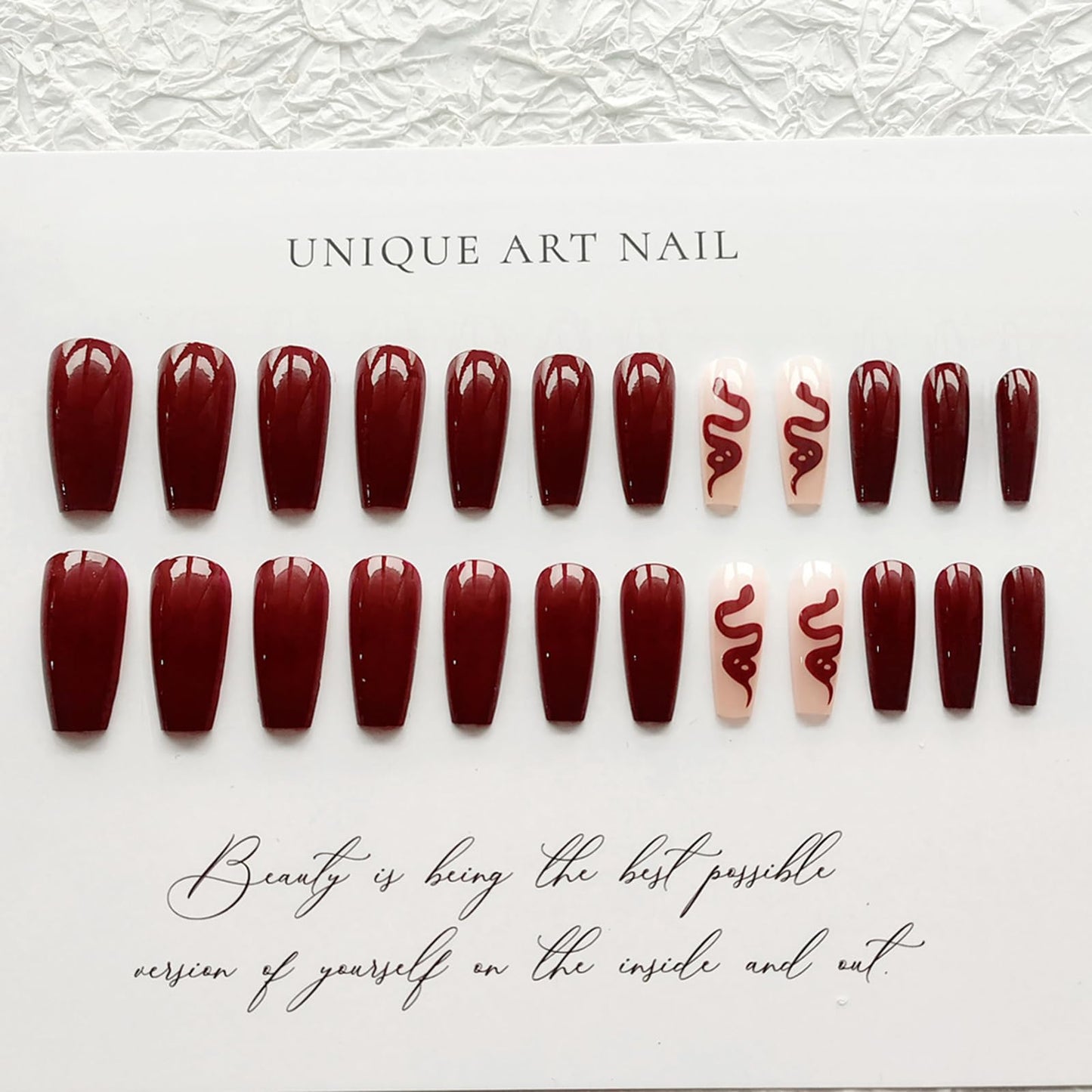 24PCS Burgundy Snake Print Press on Nails, Long Square Fake Nails Kit, Reusable Glossy Wine Red Acrylic Press On Nail False Nails for Women and Party Wear, Halloween Christmas Holiday Decorations