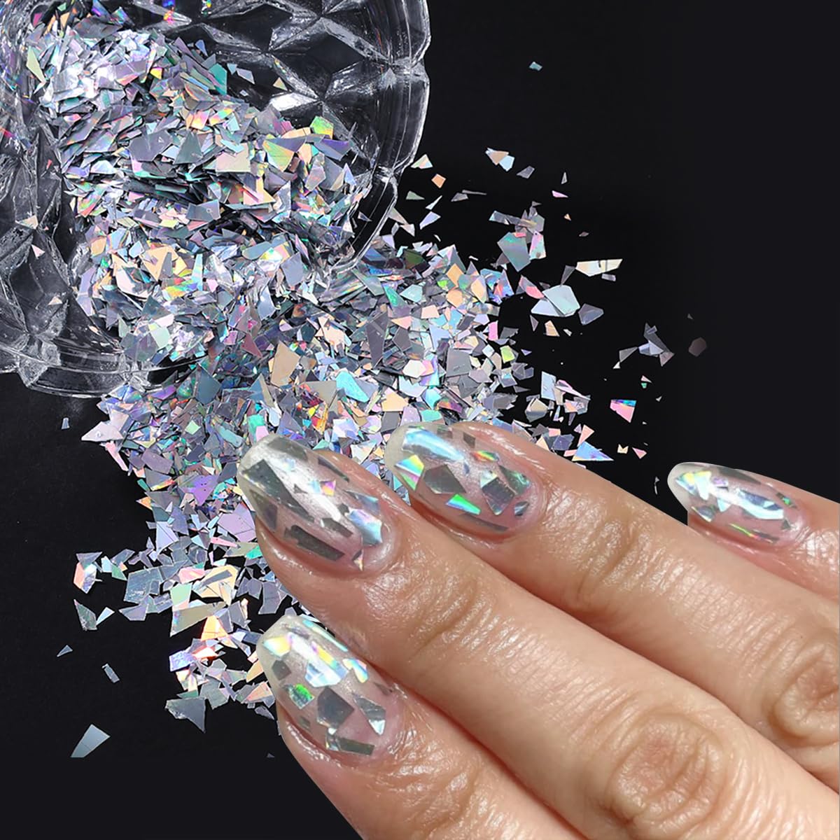 Sparkly Irregular Chunky Glitter Sequin Nail Charms for Nails Design Aurora Laser Silver Glitter for Nails Glitter Flakes Holographic Iridescent Glitter Nail Sequins for Crafts Nail Art Supplies