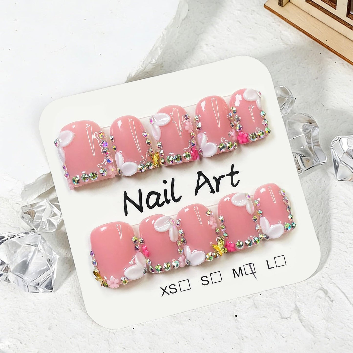 10 Pcs Pink Handmade Press on Nails Short Square Fake Nails with 3D Flower Rhinestones Charms Design Acrylic False Nails M Size Press Ons Nails Square for Women Manicure