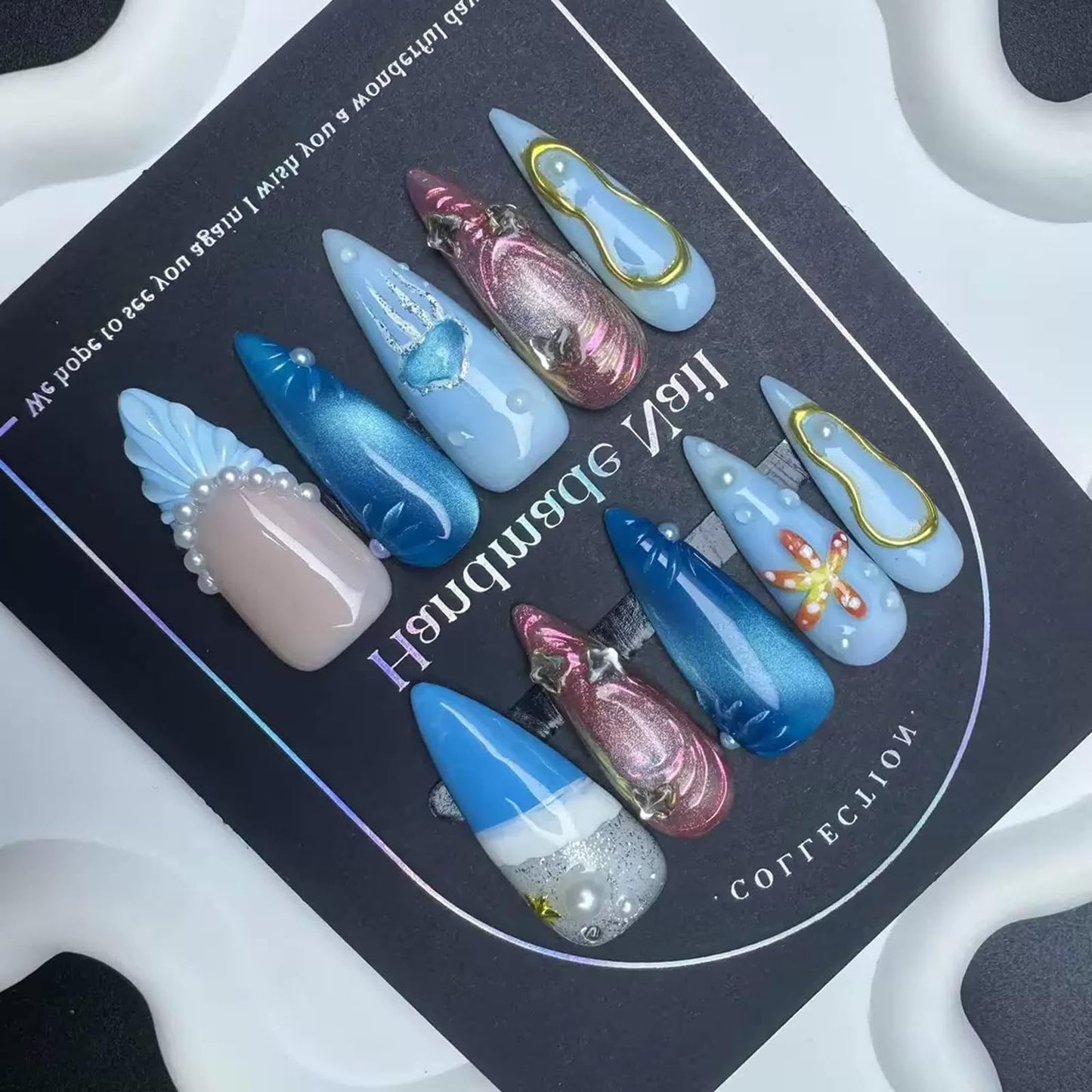 Press On Nails Long Stiletto Handmade Fake Nails with Starfish Design Ocean Glue on Nails Becah False Nails Ombre Blue Summer Handmade Nails Reusable Full Cover for Women Girls Manicure 10PCS Size M