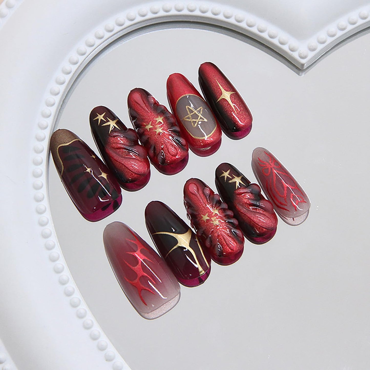 EYZOTSF Press on Almond Nails Medium Length Glossy Full Cover Acrylic Almond Shaped False Nails with Designs Artificial Fake Nail with Charms Glue Stick ons Fingernails for Women Girls(W2027)